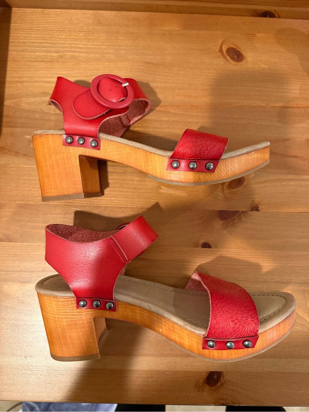 MIA Red Leather Wooden Block Heel Sandals with Stud Accents